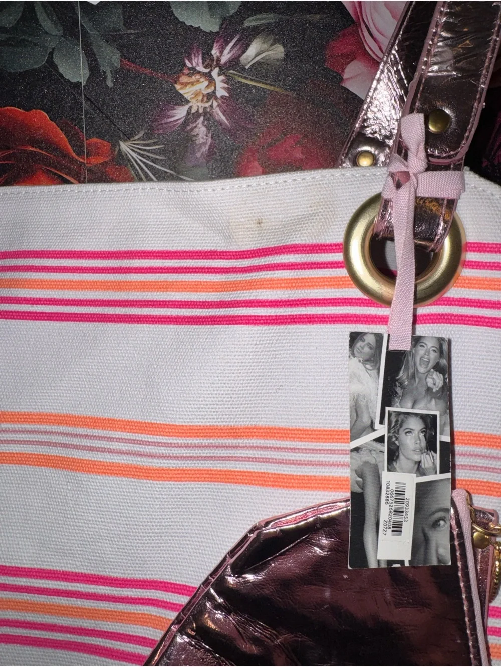 NWT RARE Vintage Oversized Victoria's Secret Pink & Orange Striped Canvas Tote